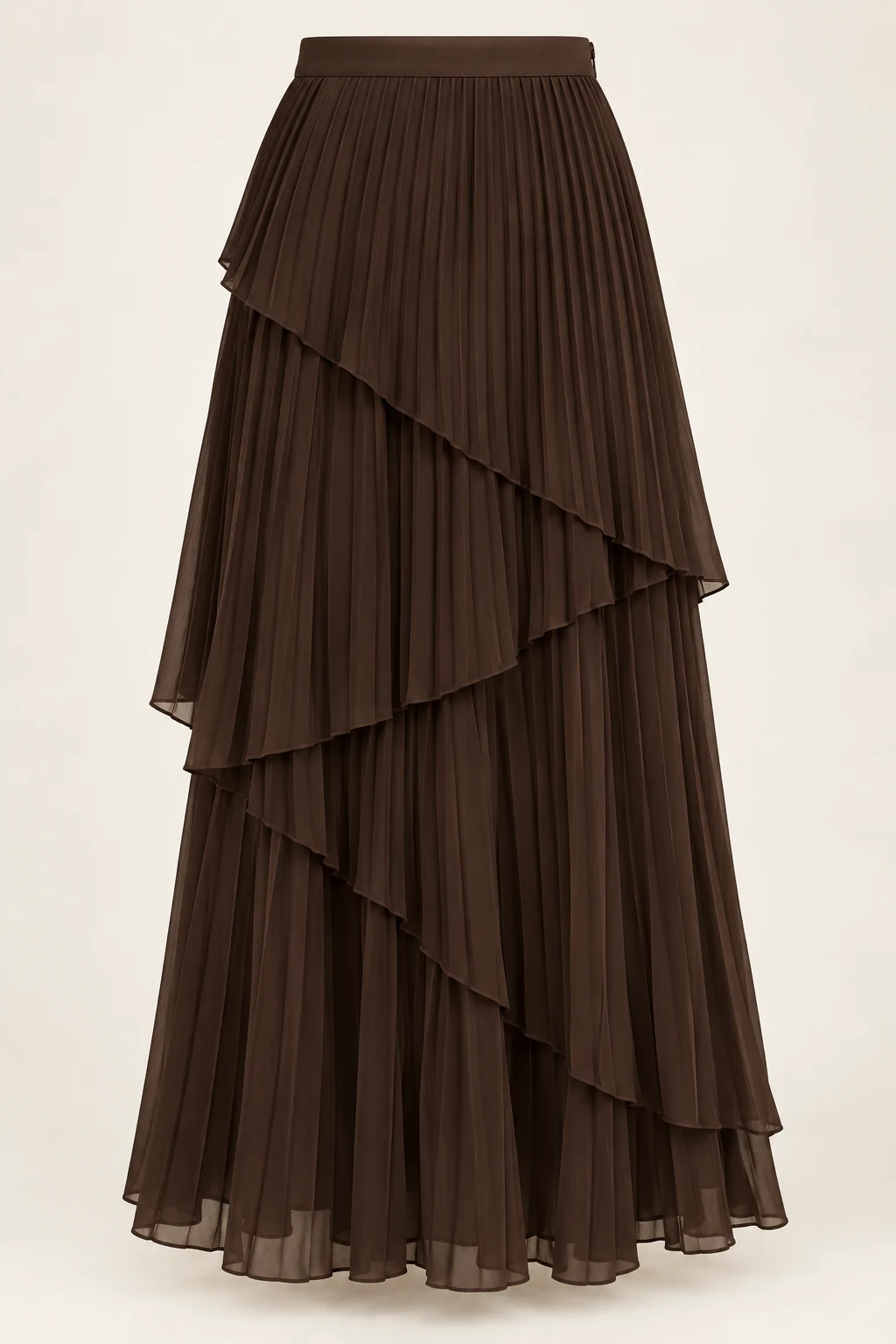 Deep Brown Manuscript Layered Pleated Maxi Skirt, diagonally overlapping pleated layers