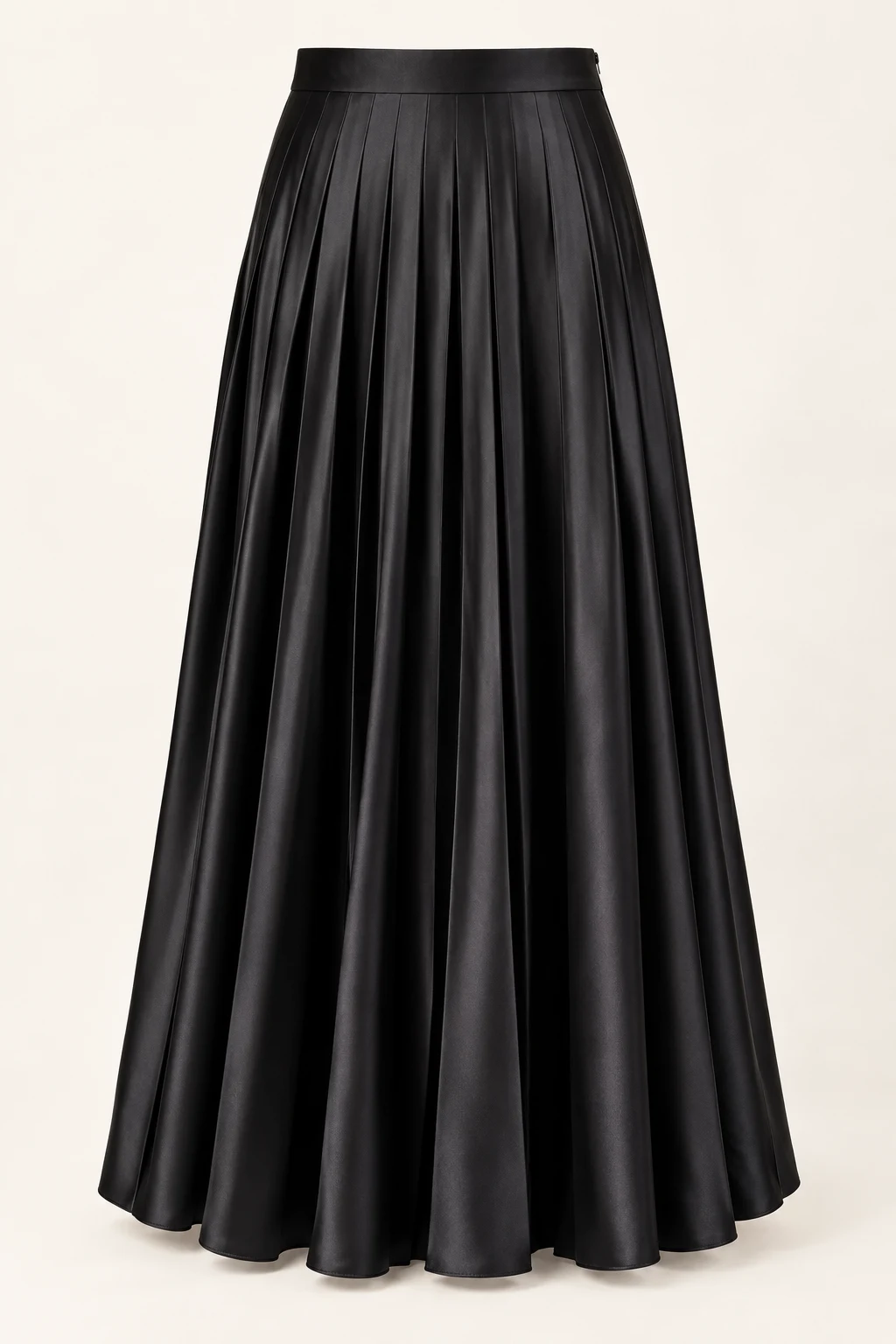 Ink Black Nocturne Satin Pleated Maxi Skirt, wide sunray pleats with satin sheen