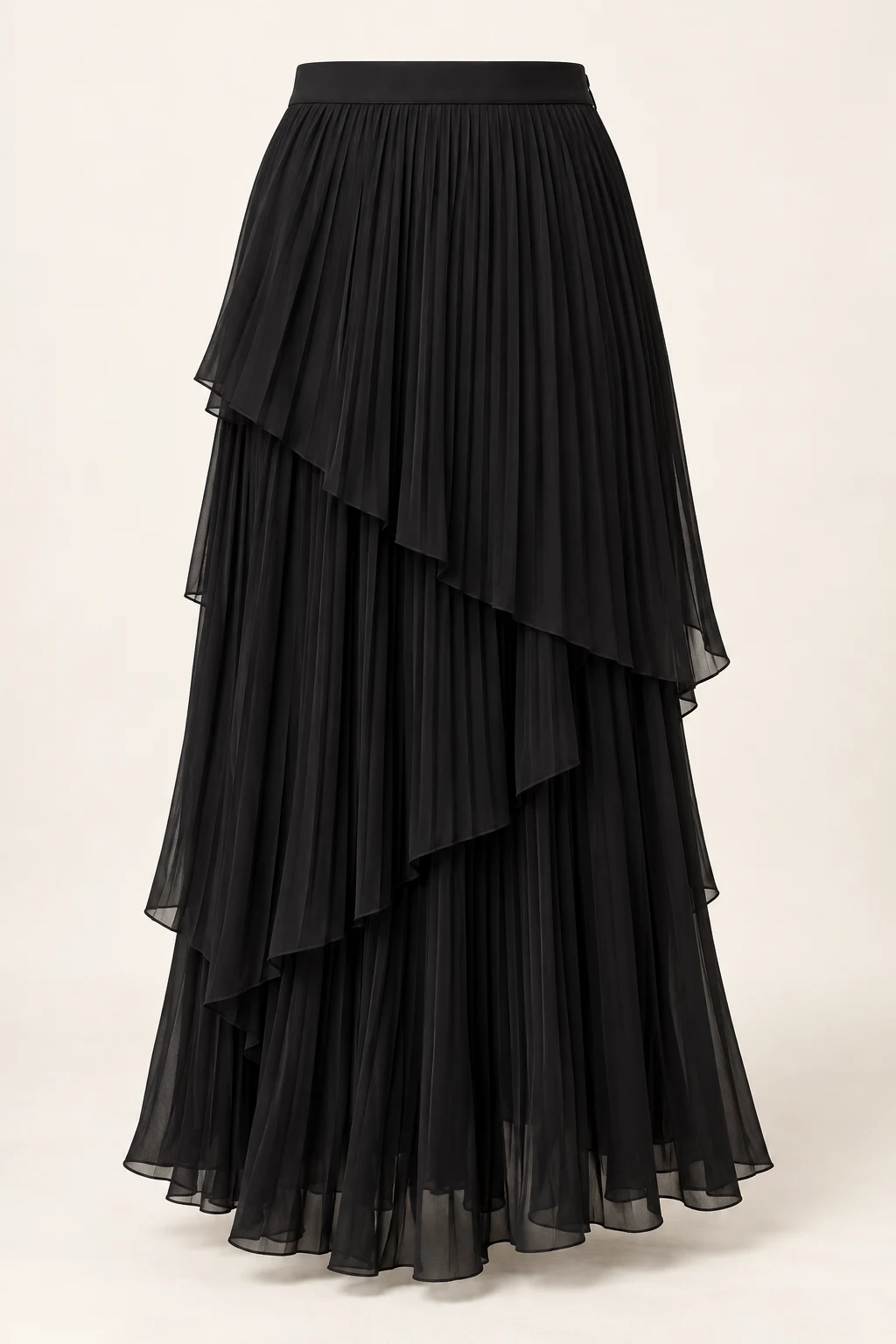 Ink Black Palimpsest Layered Pleated Maxi Skirt, overlapping asymmetric pleated layers