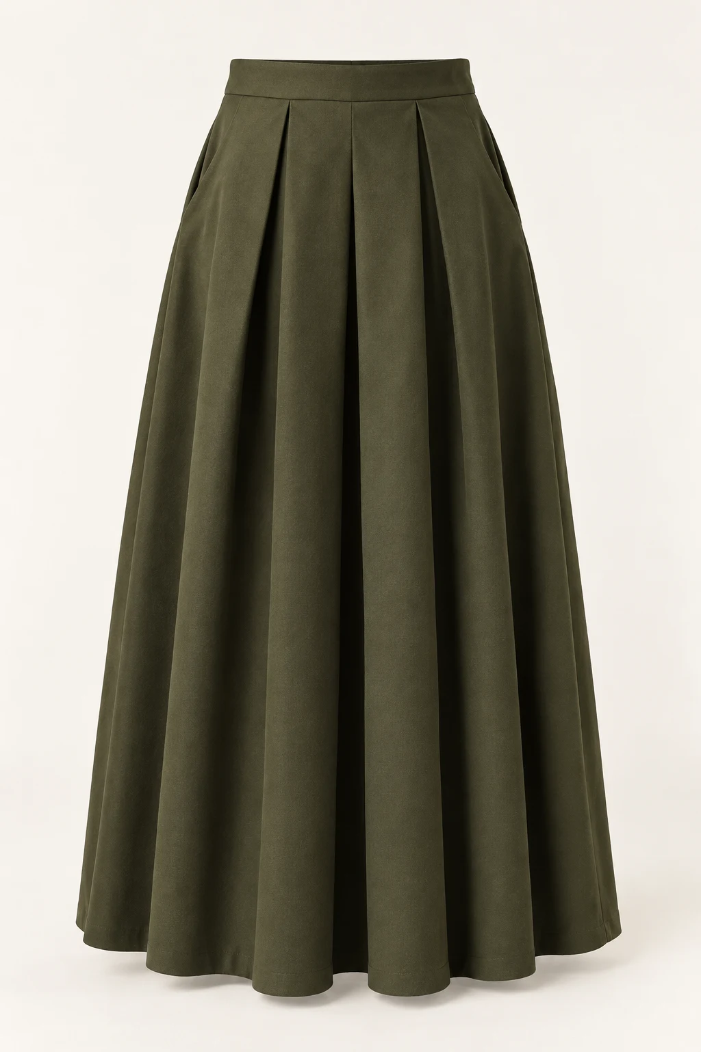 Deep Olive Passage Box-Pleat Maxi Skirt, front inverted box pleats