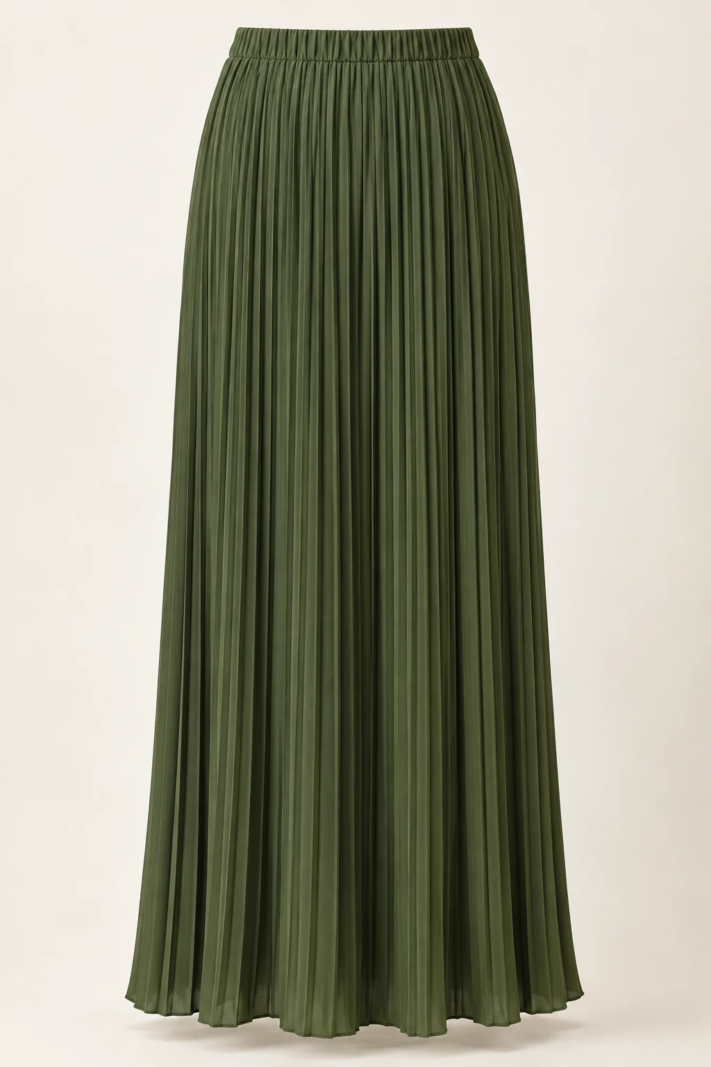 Moss Green Prose Pleated Maxi Skirt, narrow accordion pleats, straight drape
