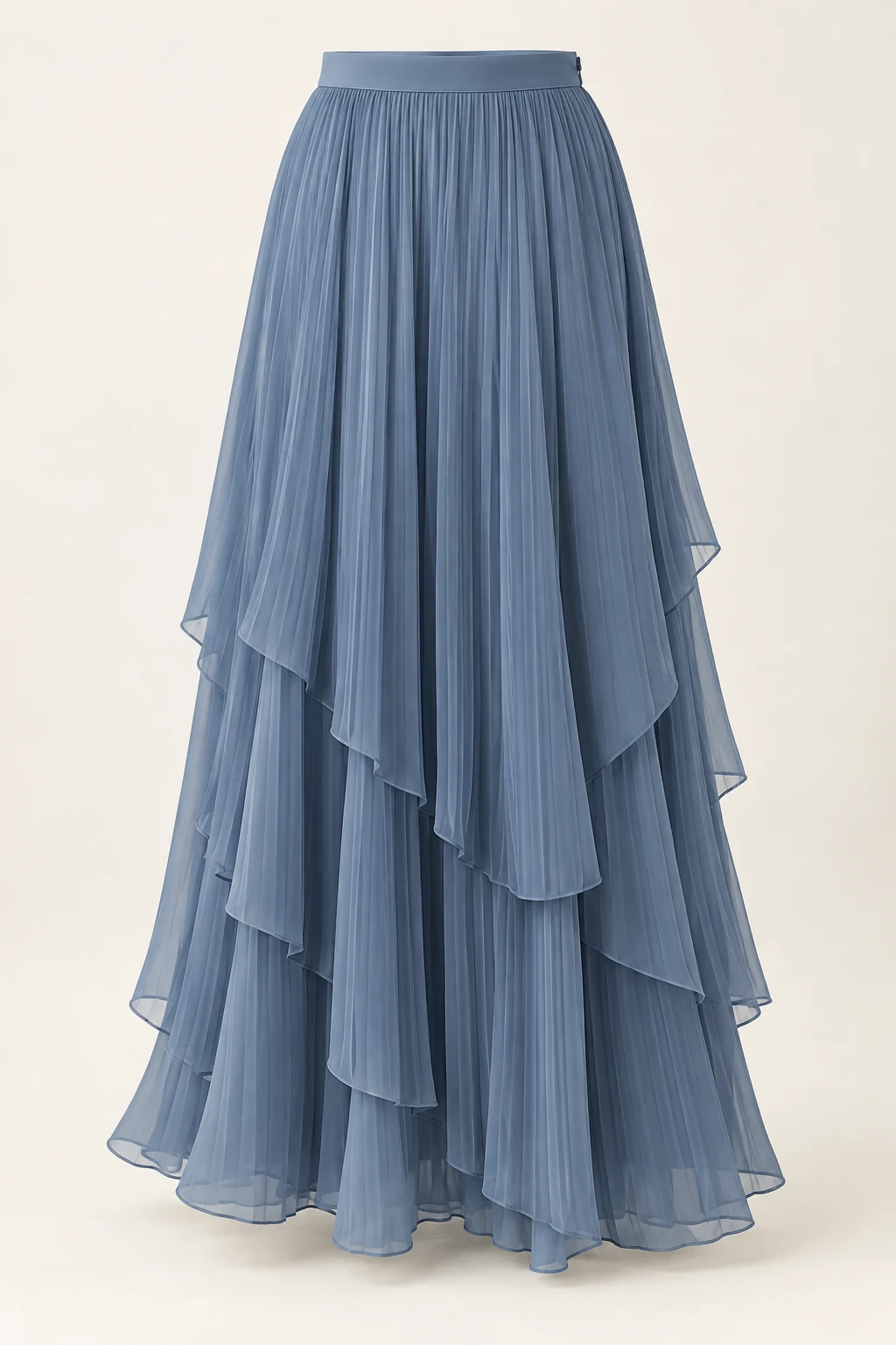 Smoky Blue Reverie Layered Pleated Maxi Skirt, layered curved asymmetric hem