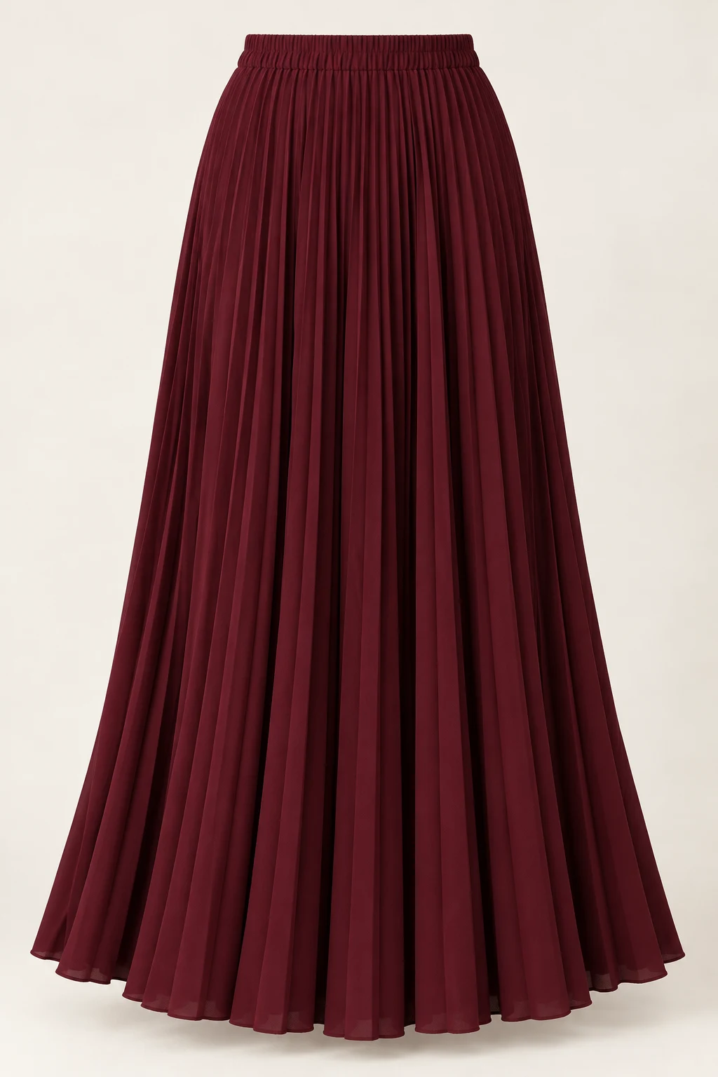 Burgundy Sonnet Pleated Maxi Skirt, fan-shaped flared accordion pleat silhouette