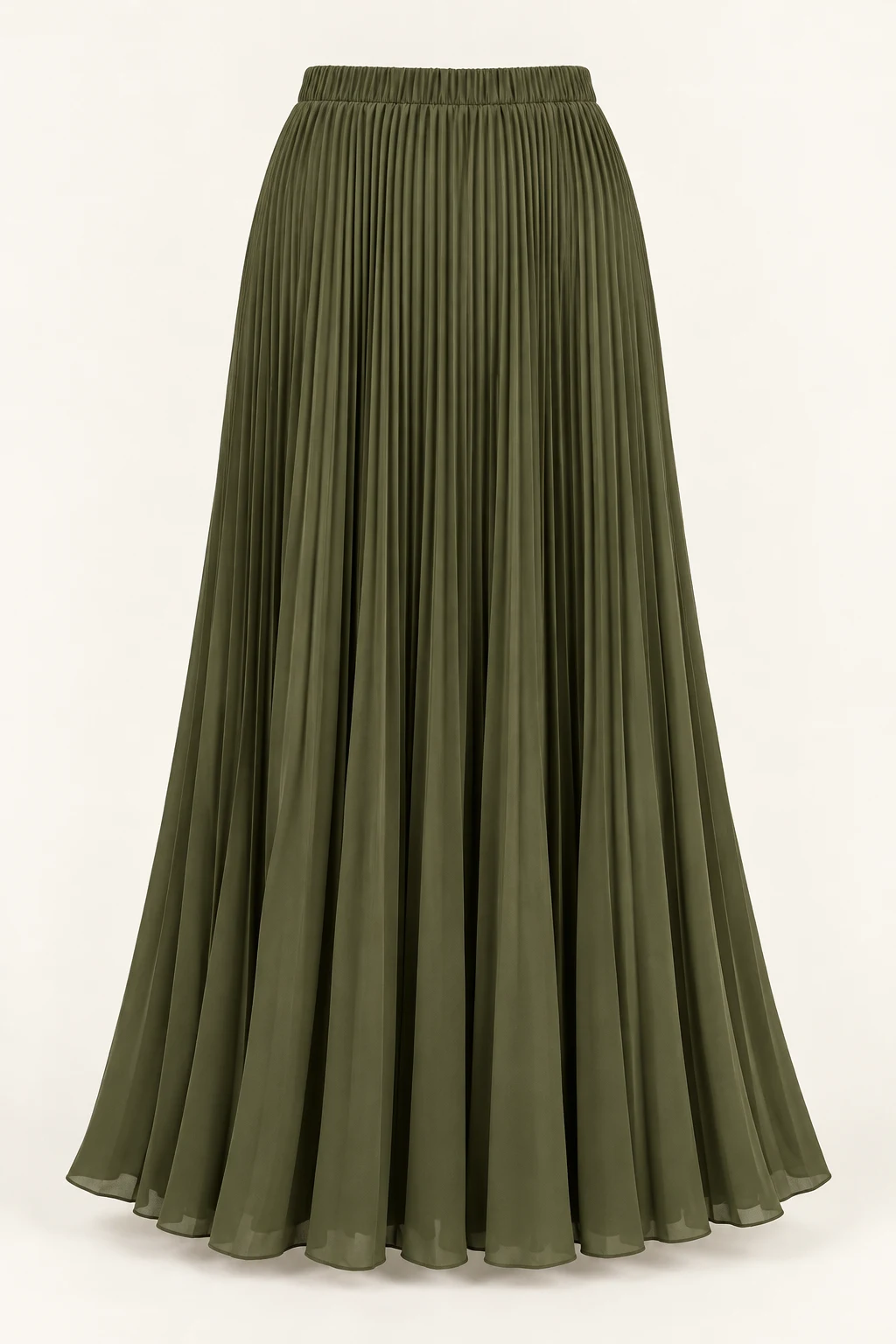 Deep Olive Stanza Pleated Maxi Skirt, narrow accordion pleats with a wide flared hem