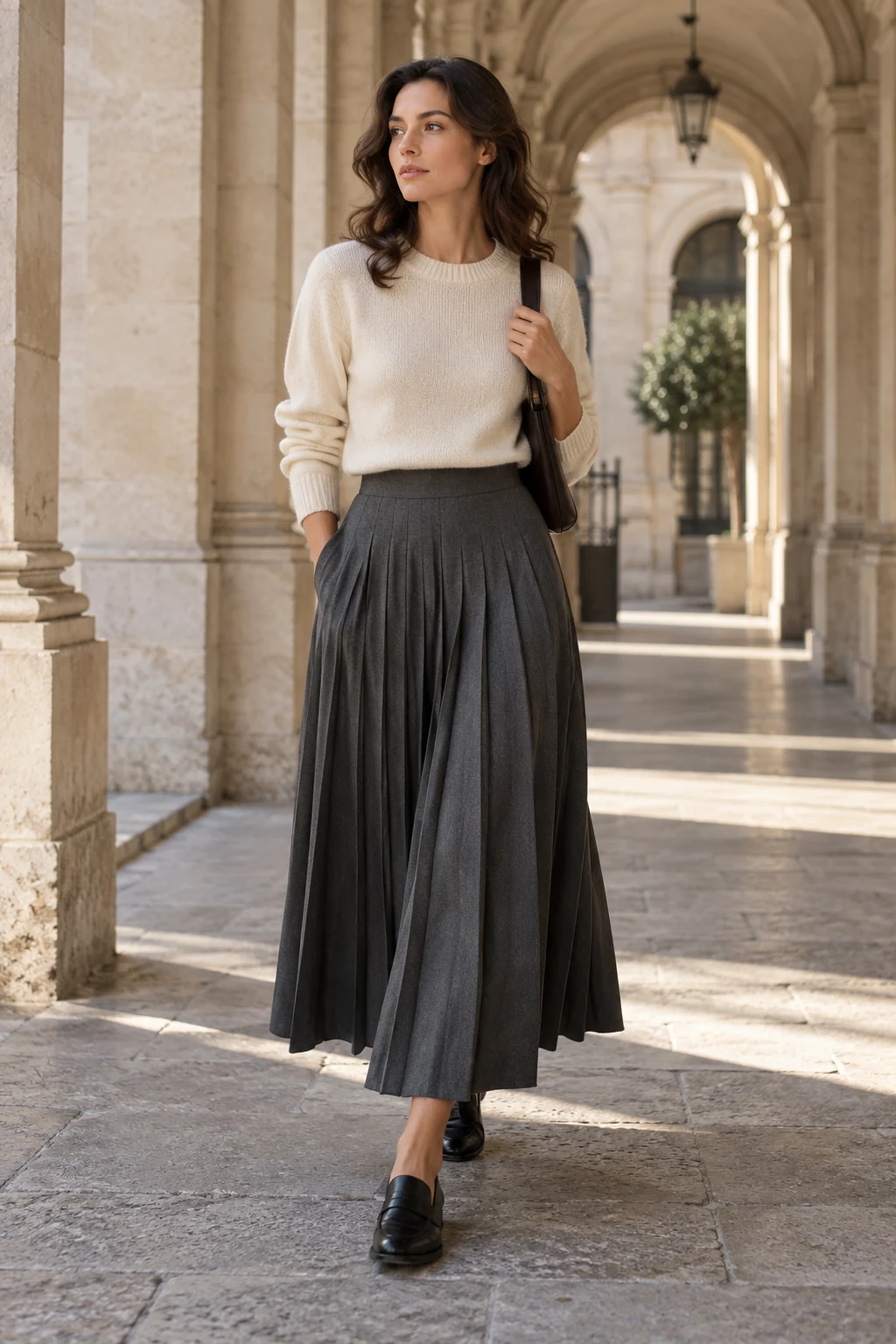 Charcoal pleated maxi skirt worn along a sunlit stone arcade